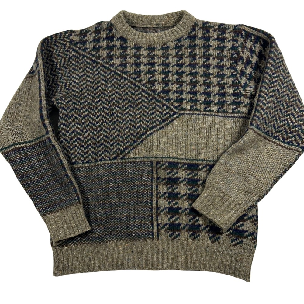 Vinage Shetland Wool Sweater Medium Brown Patchwork Houndstooth Knit Ireland